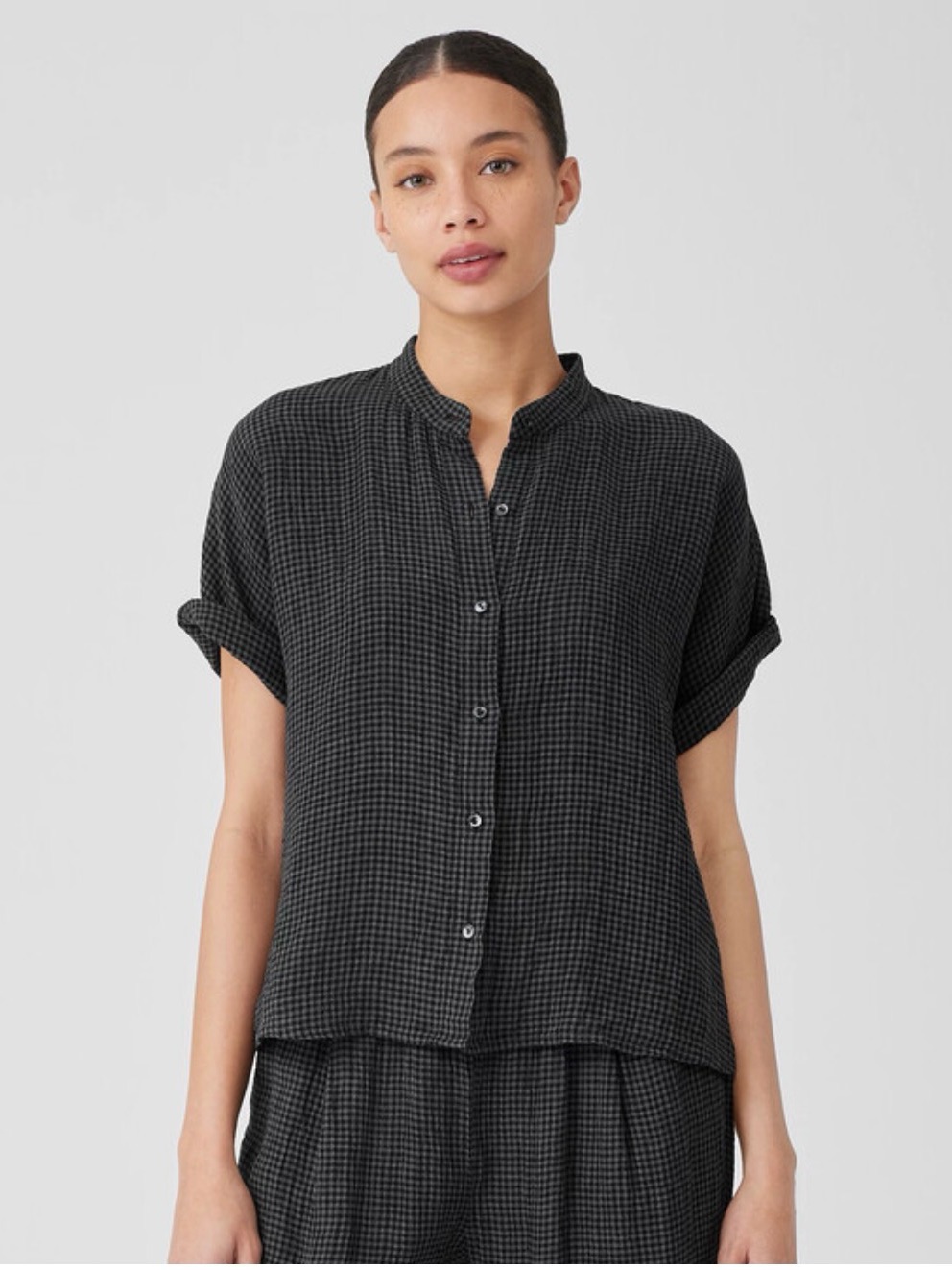 Eileen Fisher Puckered Organic Linen Short Sleeve Shirt Boxy Fit Short Length Xs